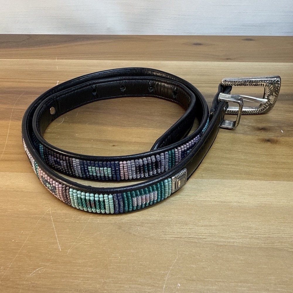 Brighton Woman's Multi Beaded Black Leather Belt Silver Buckle Sz S Western Boho